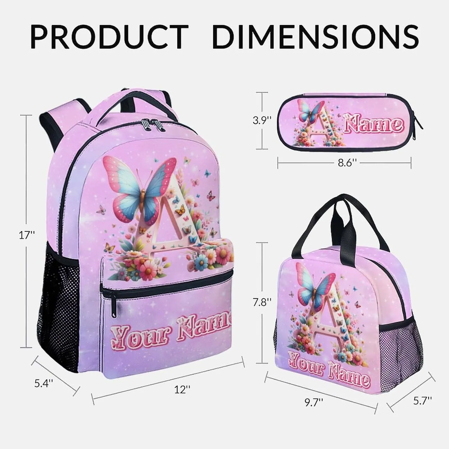 Backpack with Lunch Box for Girls, Personalized Butterfly Backpacks for Women Teens, 17 Inch Cute Kids Bookbag with Pencil Case, Custom Initial Name Bookbags for School