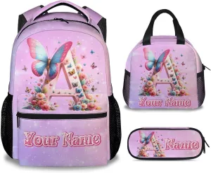 Backpack with Lunch Box for Girls, Personalized Butterfly Backpacks for Women Teens, 17 Inch Cute Kids Bookbag with Pencil Case, Custom Initial Name Bookbags for School