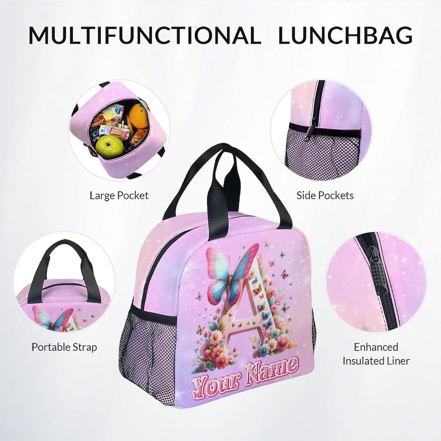 Backpack with Lunch Box for Girls, Personalized Butterfly Backpacks for Women Teens, 17 Inch Cute Kids Bookbag with Pencil Case, Custom Initial Name Bookbags for School