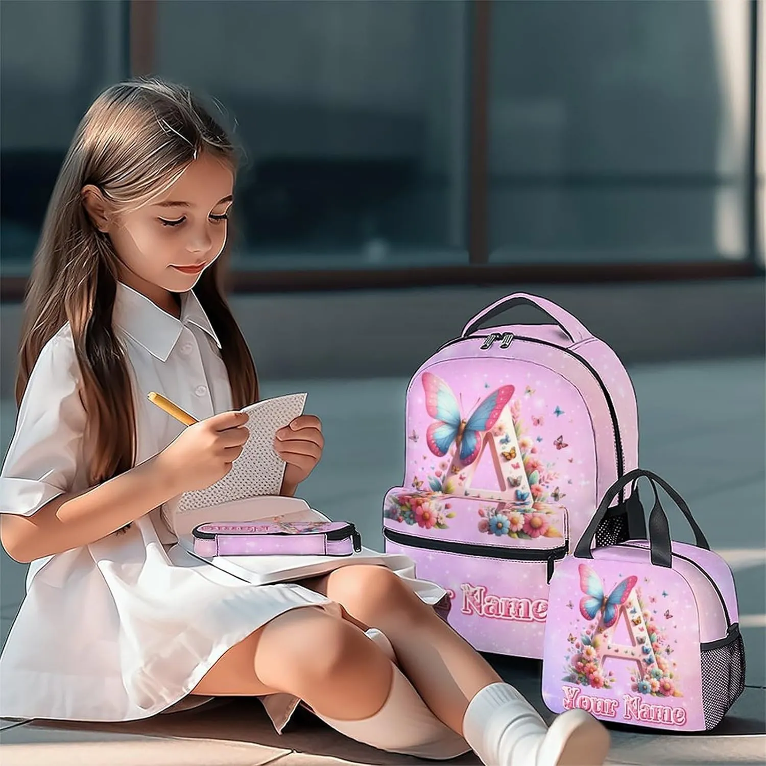 Backpack with Lunch Box for Girls, Personalized Butterfly Backpacks for Women Teens, 17 Inch Cute Kids Bookbag with Pencil Case, Custom Initial Name Bookbags for School