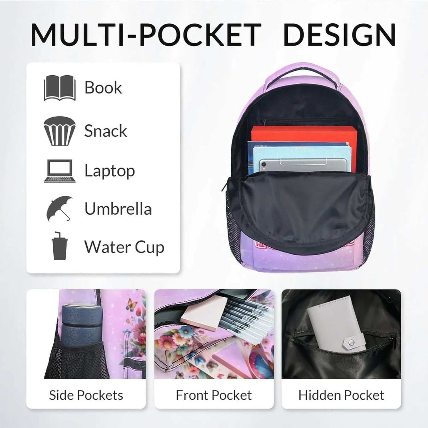 Backpack with Lunch Box for Girls, Personalized Butterfly Backpacks for Women Teens, 17 Inch Cute Kids Bookbag with Pencil Case, Custom Initial Name Bookbags for School