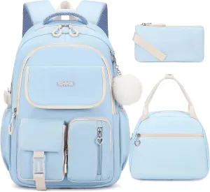 Backpacks for Girls, 3PCS School Backpack with Lunch Box Pencil Pouch for Teen Girls Kids Elementary Primary Middle High College Travel School bag Bookbag Set （Blue）