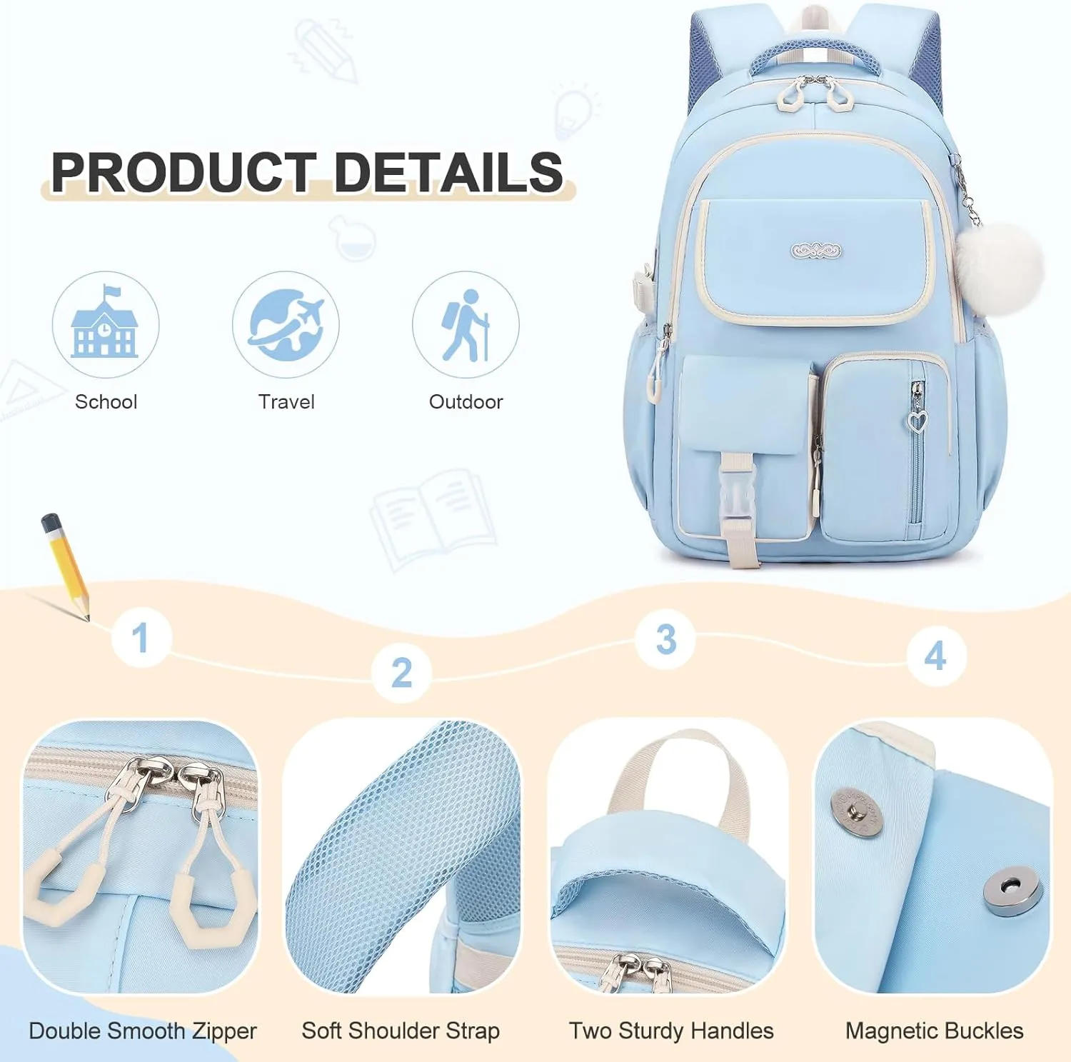 Backpacks for Girls, 3PCS School Backpack with Lunch Box Pencil Pouch for Teen Girls Kids Elementary Primary Middle High College Travel School bag Bookbag Set （Blue）