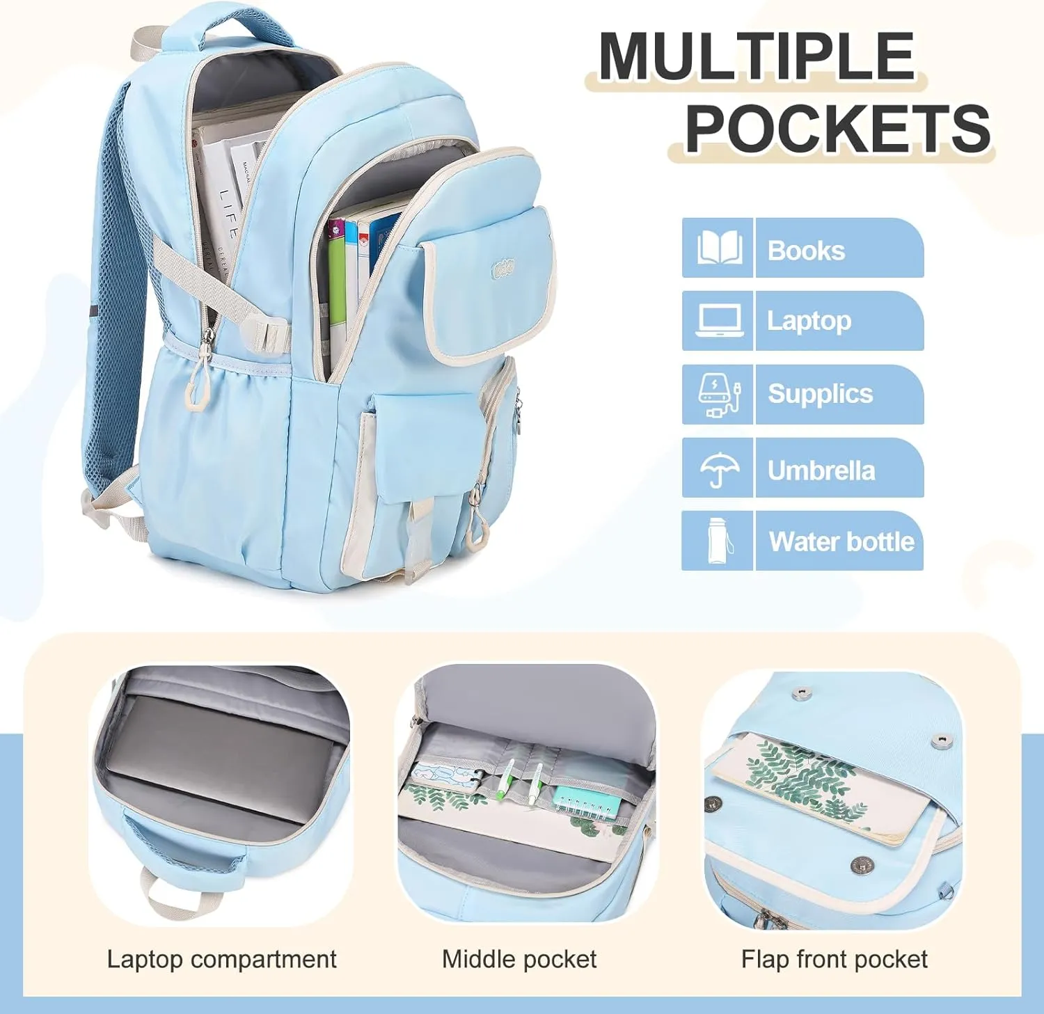 Backpacks for Girls, 3PCS School Backpack with Lunch Box Pencil Pouch for Teen Girls Kids Elementary Primary Middle High College Travel School bag Bookbag Set （Blue）