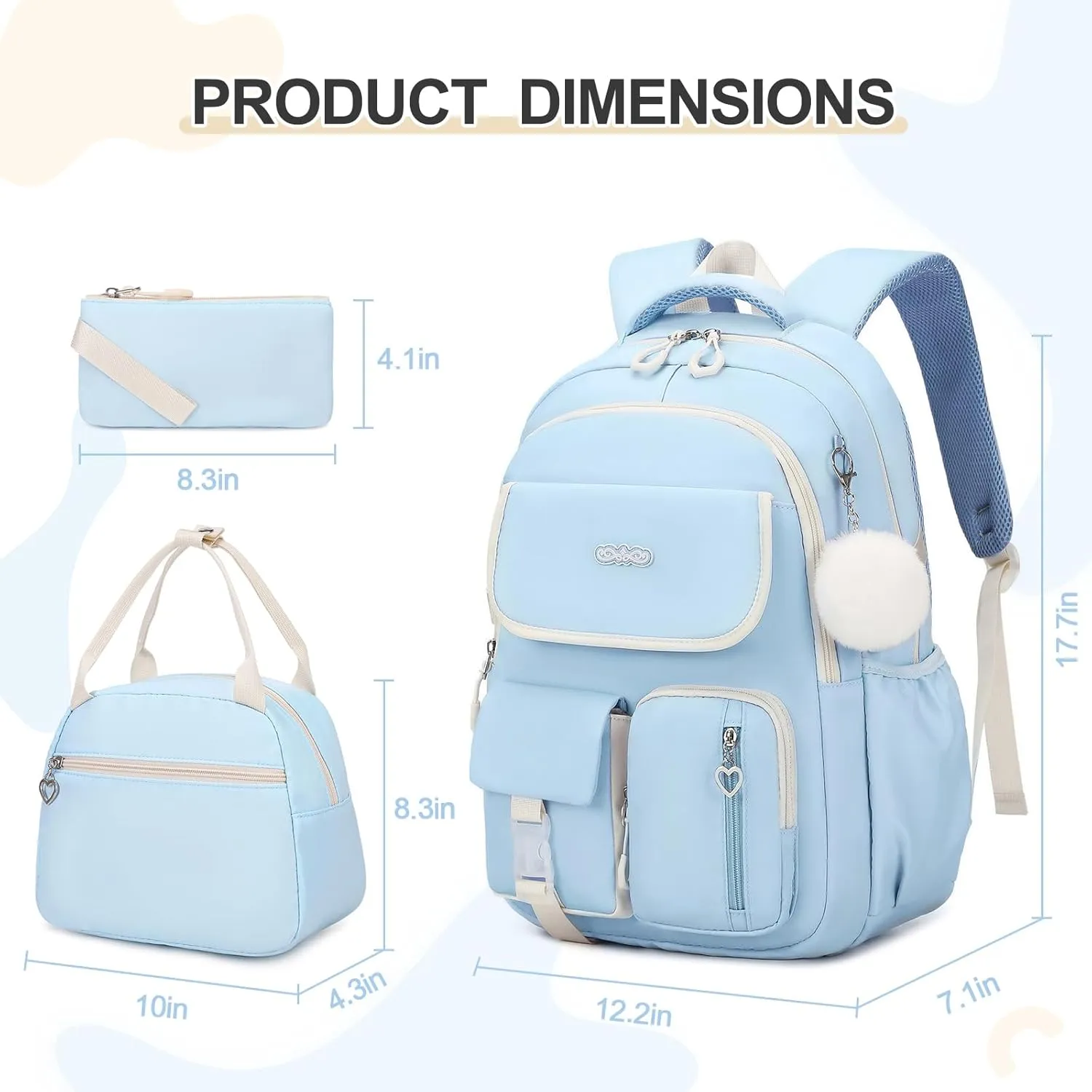 Backpacks for Girls, 3PCS School Backpack with Lunch Box Pencil Pouch for Teen Girls Kids Elementary Primary Middle High College Travel School bag Bookbag Set （Blue）