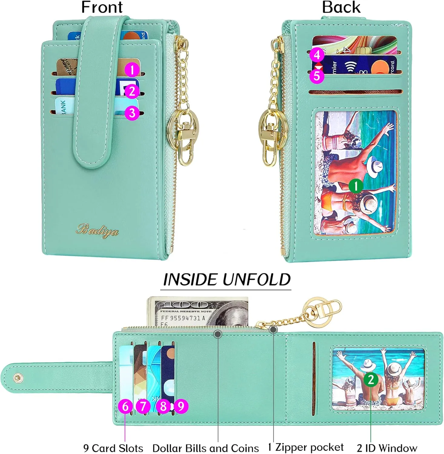 Badiya RFID Card Holder Wallet for Women Slim Wallets Bifold Multi Card Case Zipper Coin Purse