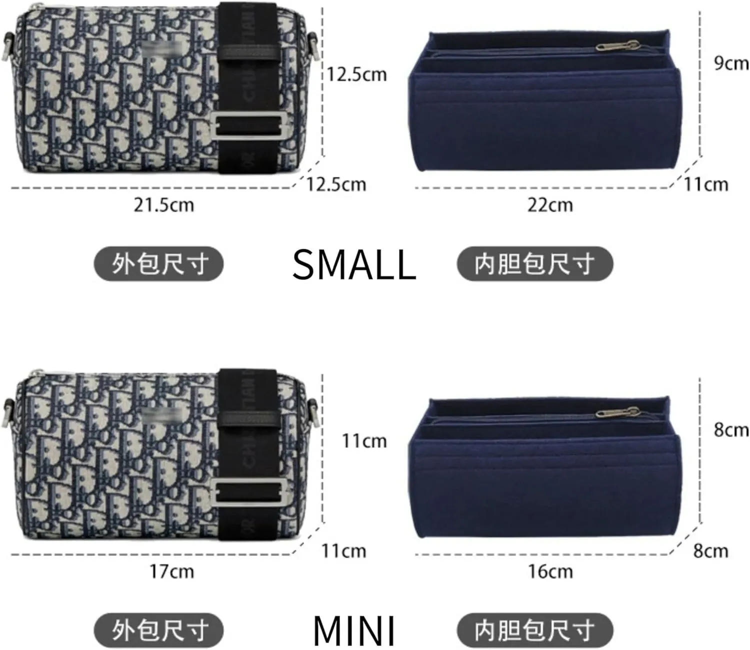 Bag Organizer for Dior Roller Messenger bag |Handmade Custom Bag Insert|2mm Felt Bag Liner|Women Handbag Shaper (Style B-Blue, Small)