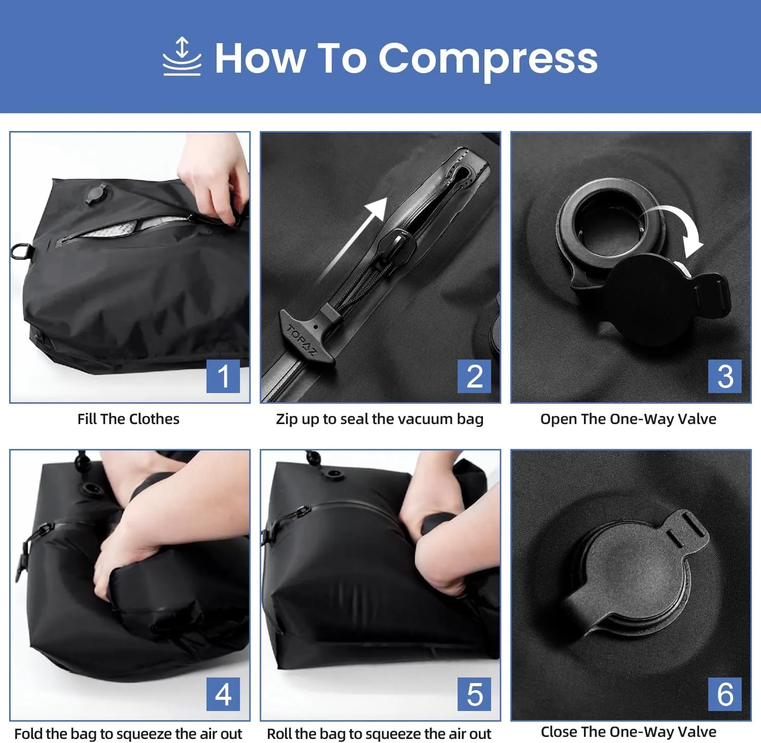 BAGAIL TPU Vacuum Bag for Travel, Reusable Compression Bag with IPX8 Waterproof Zipper, Save Space for Suitcase, Backpack and Carry on (Black, Large, With Pump)