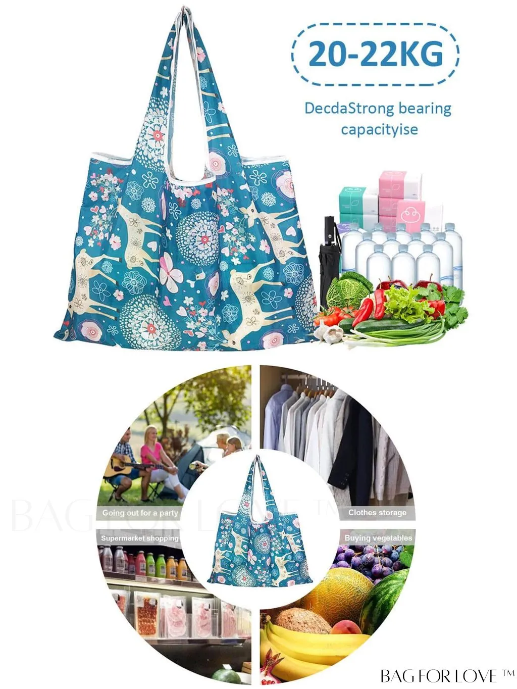 BagForLove - Foldable Fashion Print Shopping Bag - Convenient Handbag for Travel and Grocery Shopping