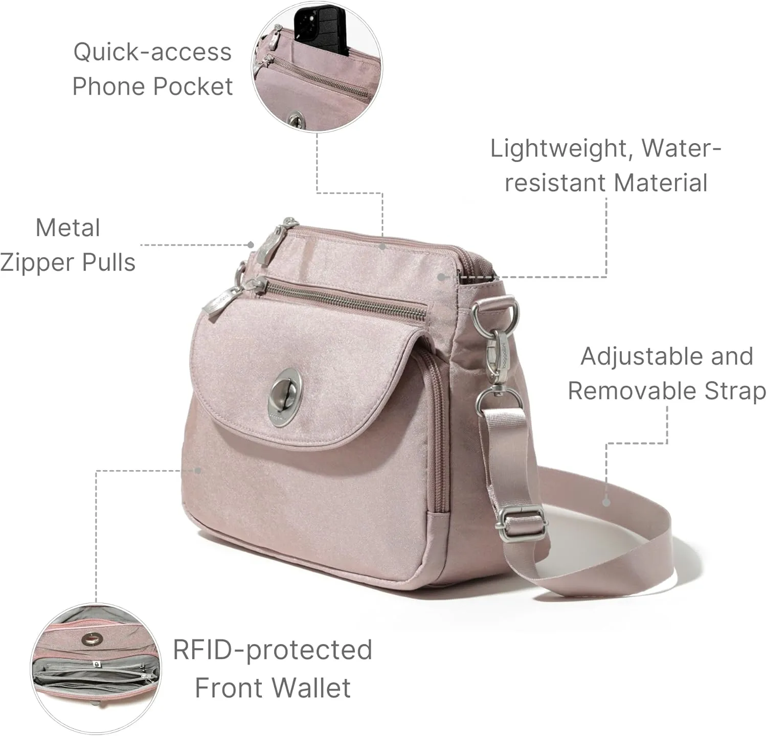 Baggallini Calais Crossbody Bags for Women 9.5"x7" Travel Handbag Purse w/RFID Front Wallet Lightweight Water-Resistant