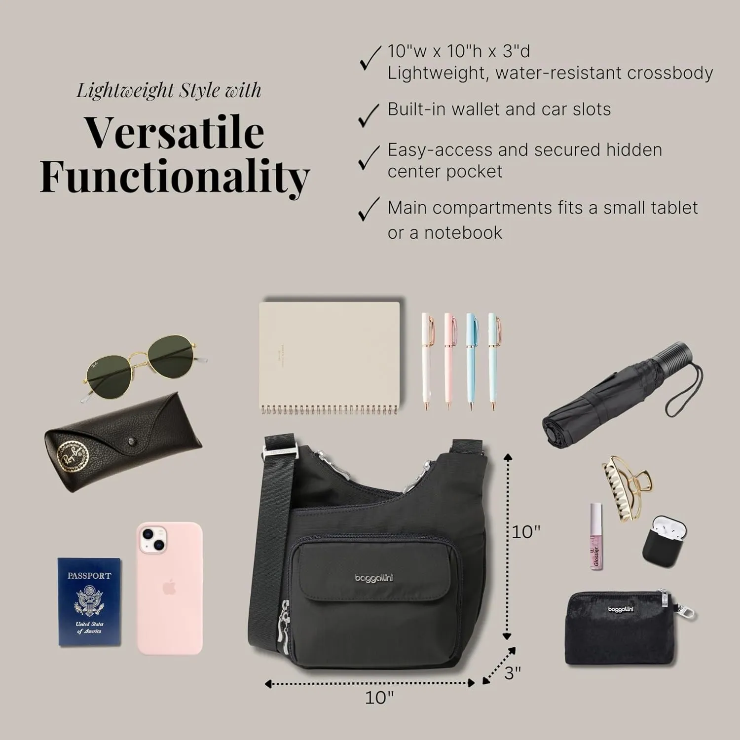 Baggallini Criss Cross 10x11 Crossbody Women Lightweight Water-Resistant Nylon Travel Bag W/RFID & Quick Access Pockets