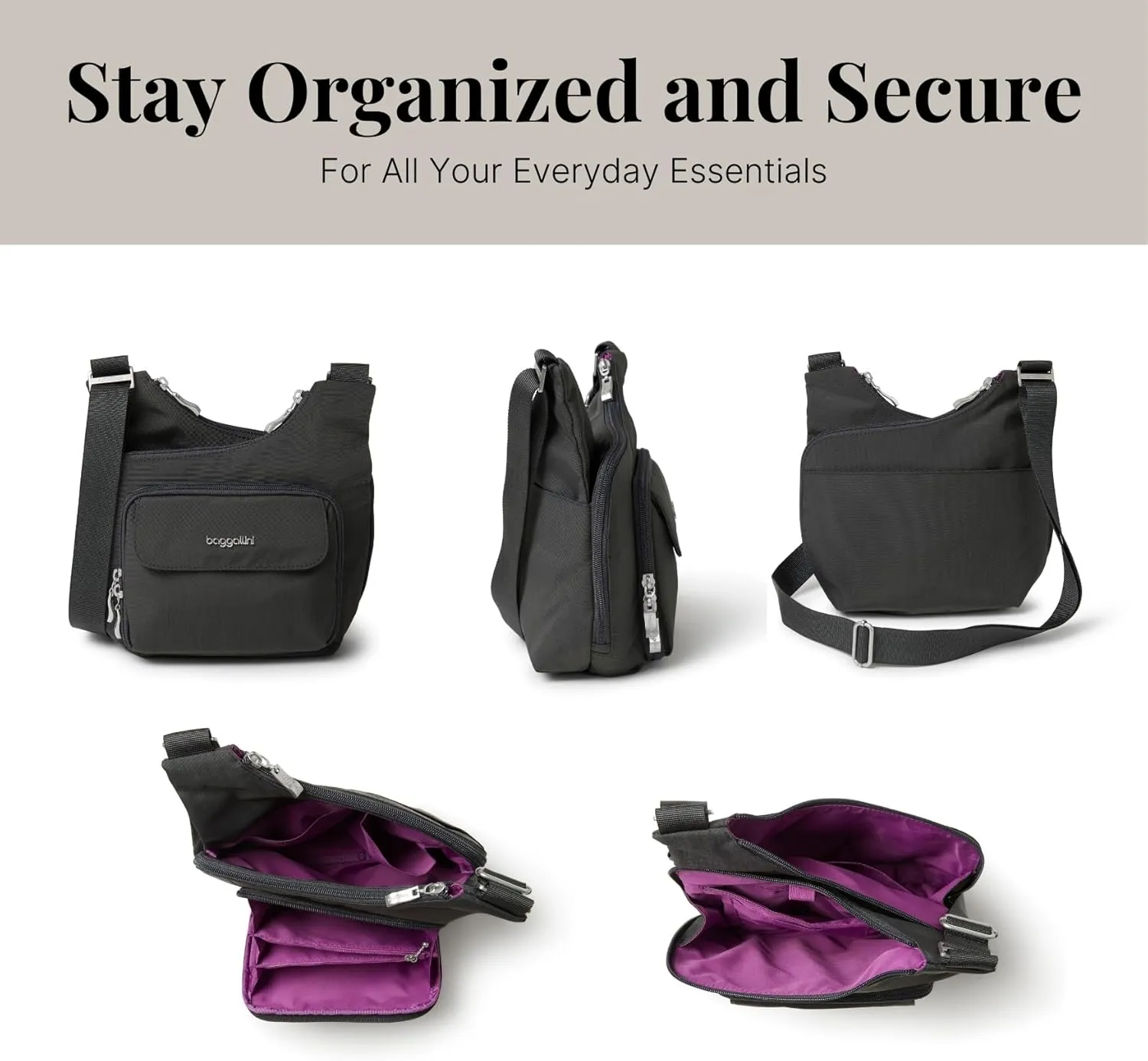 Baggallini Criss Cross 10x11 Crossbody Women Lightweight Water-Resistant Nylon Travel Bag W/RFID & Quick Access Pockets
