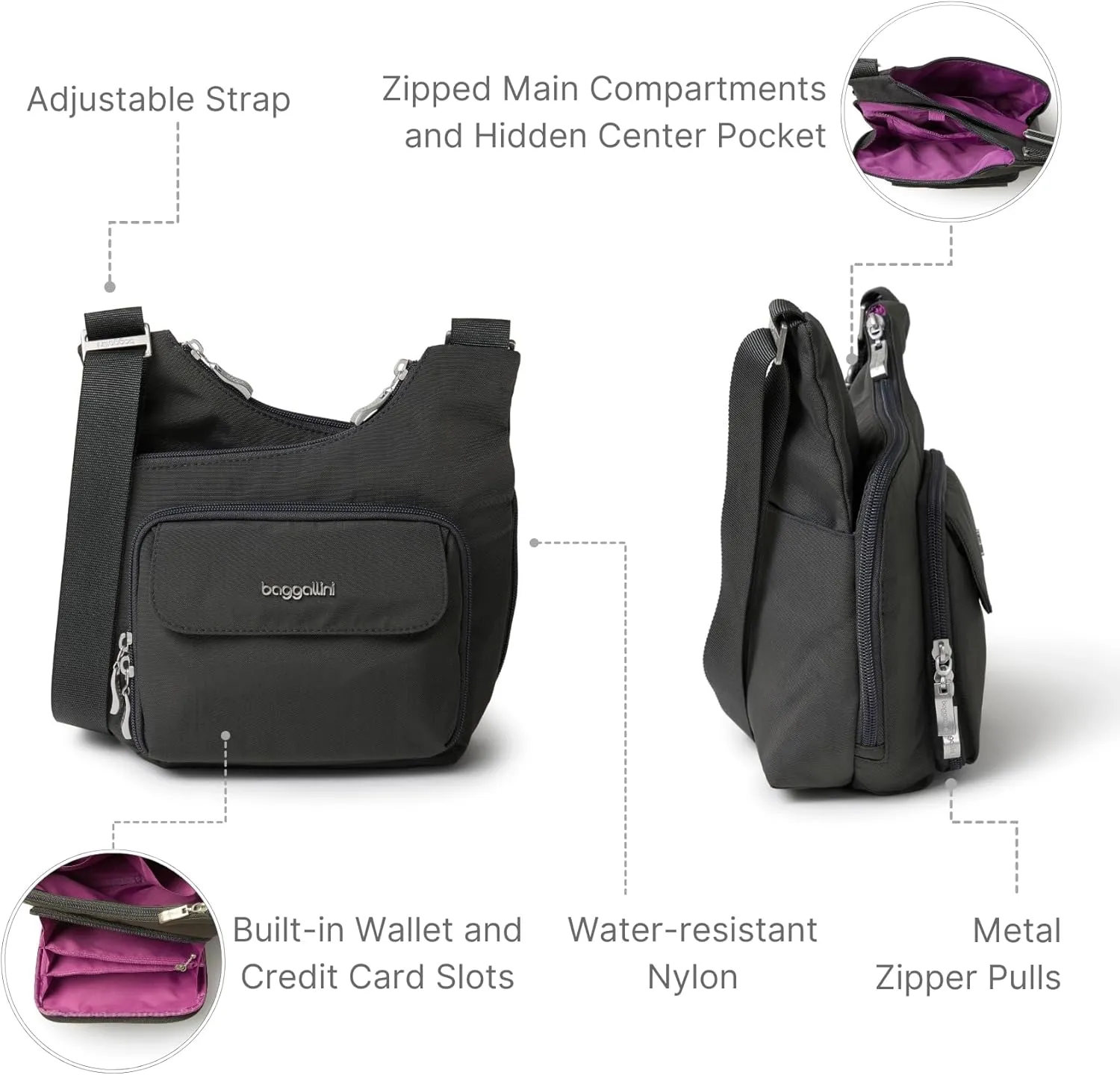 Baggallini Criss Cross 10x11 Crossbody Women Lightweight Water-Resistant Nylon Travel Bag W/RFID & Quick Access Pockets