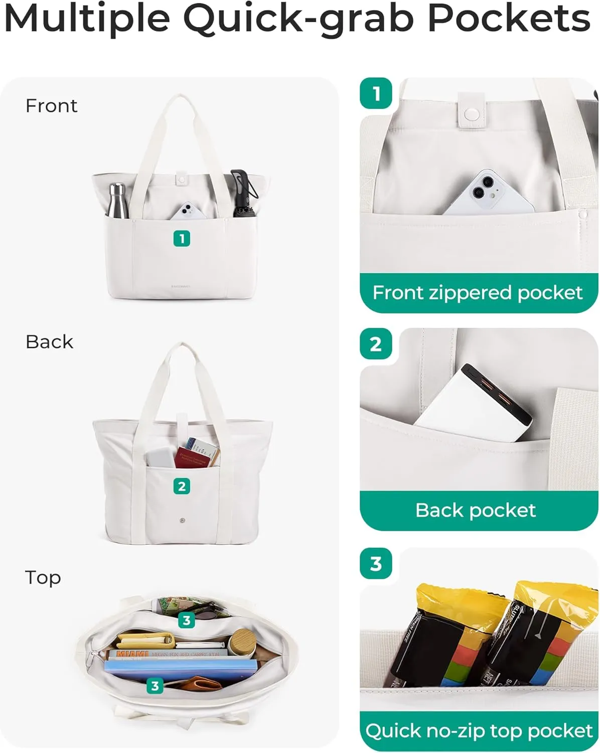 BAGSMART Tote Bag for Women, Foldable Tote Bag With Zipper Travel Large Shoulder Bag Handbag for Work-16.5''l X 6''wx 14''h