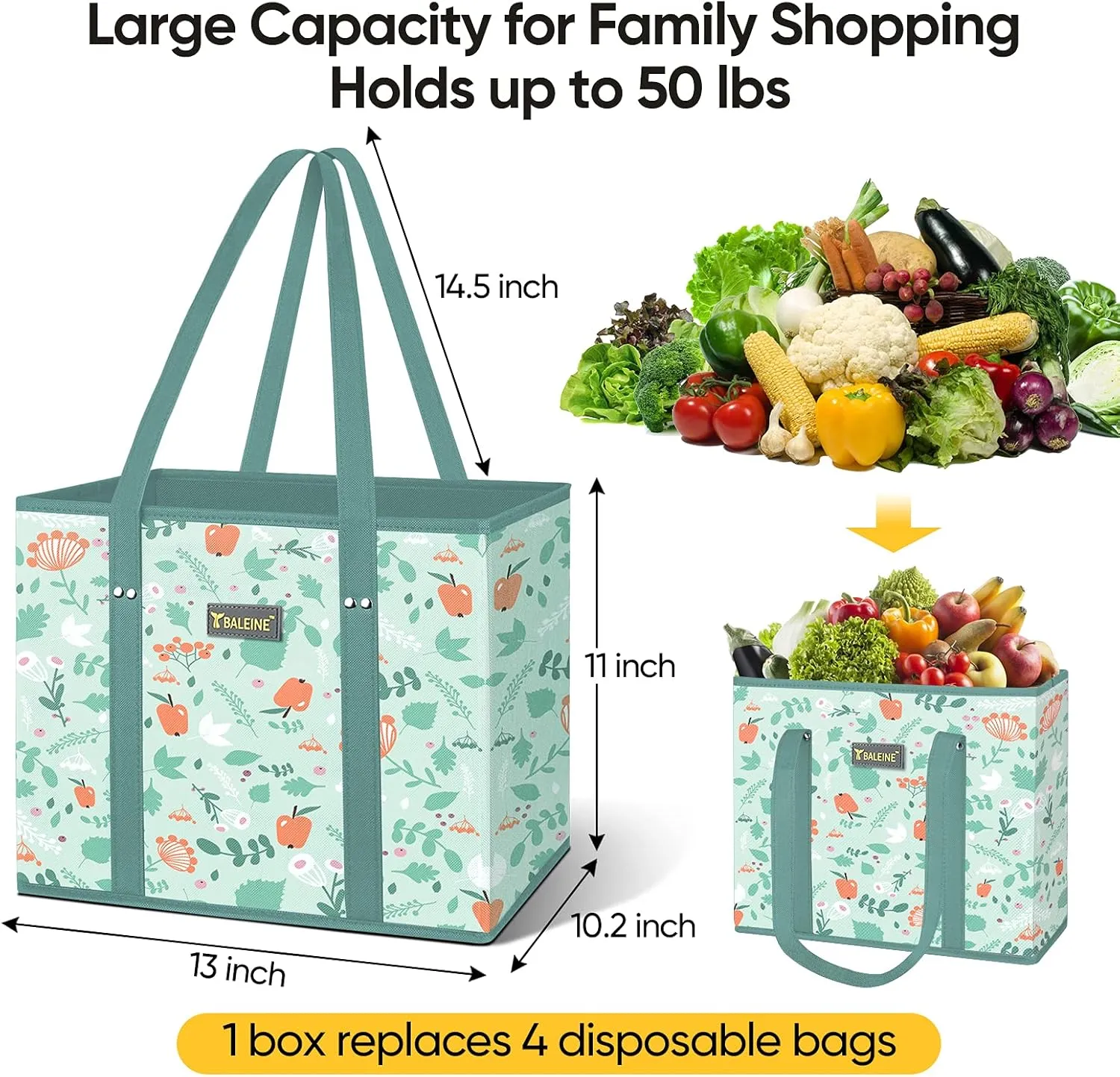 BALEINE 3Pk Reusable Grocery Bags, Foldable Shopping Bags for Groceries with Reinforced Bottom & Handles (Spring Stroll)