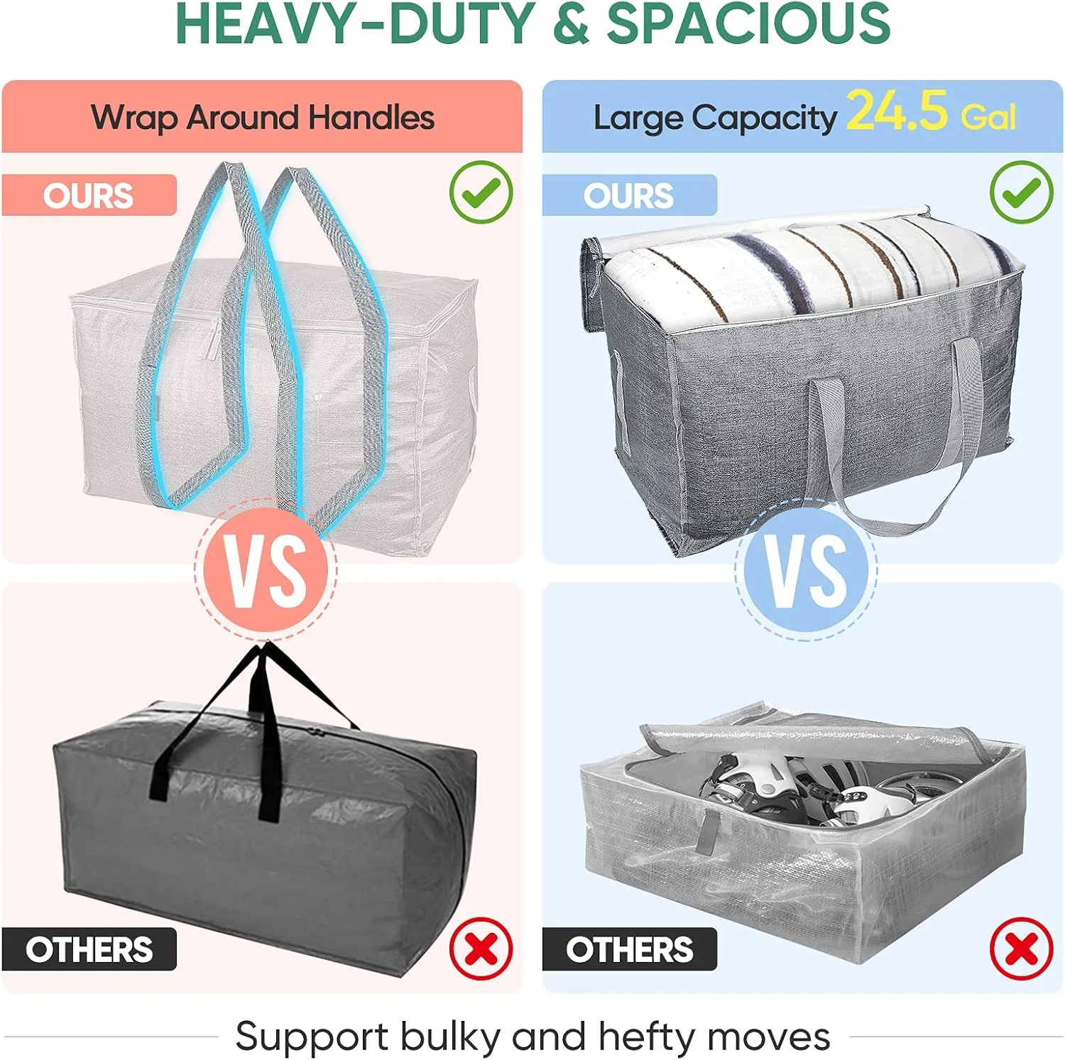 BALEINE 6-Pack Oversized Moving Bags with Reinforced Handles, Heavy-Duty Storage Tote for Clothes, Moving Supplies (Winter Grey, 6-Pack)