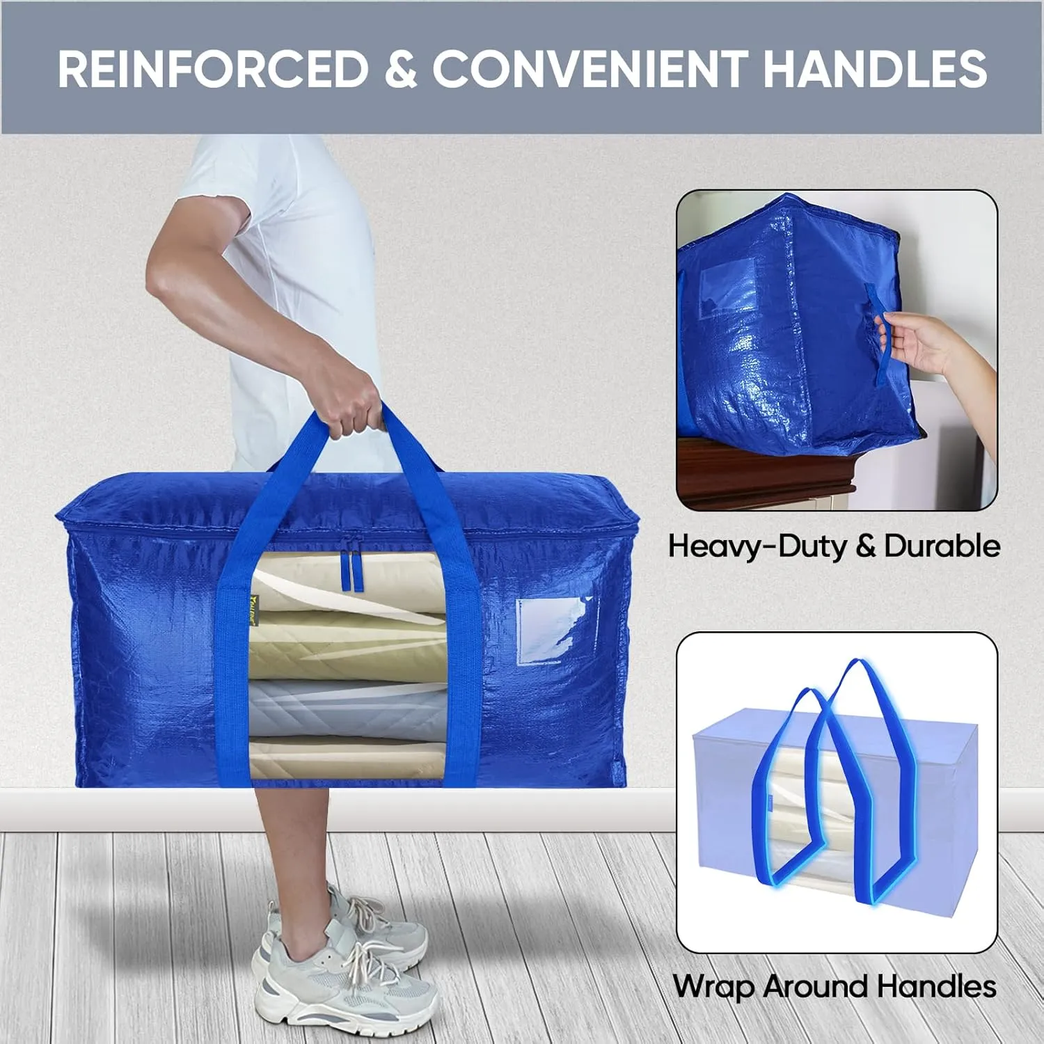 BALEINE 6-Pack Oversized Moving Bags with Reinforced Handles, Heavy-Duty Storage Tote Moving Supplies for Packaging, Camping (Blue w/Window, 6-Pack)