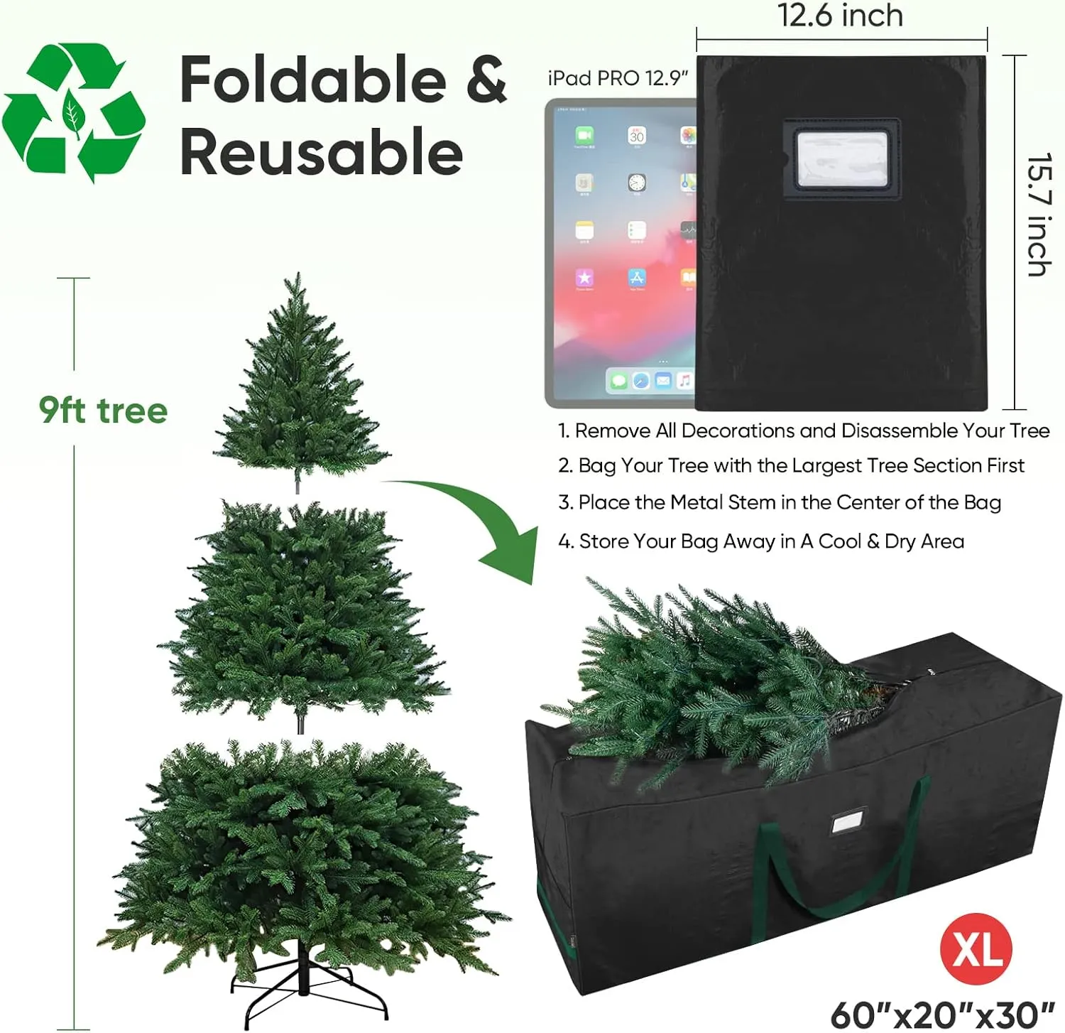 BALEINE 9 ft Christmas Tree Storage Bag, Heavy Duty Extra Large Artificial Christmas Tree Bag with Reinforced Handles and Dual Zippers Wide Opening (Black, 9 ft)