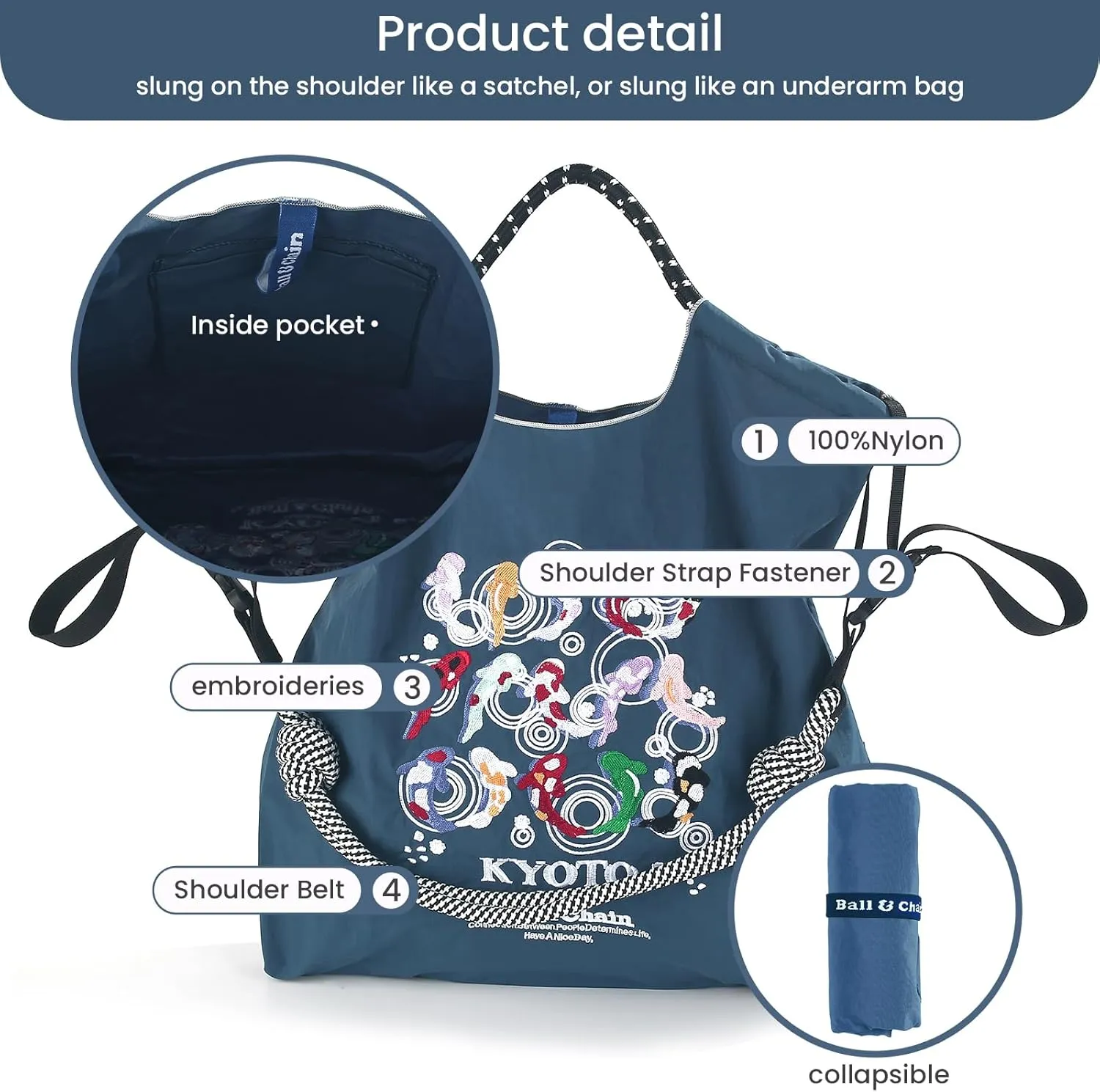 Ball&Chain Tote Bag With Embroidery Koi Fish，Personalized Present Bag Everything Tote Bag with Compartments