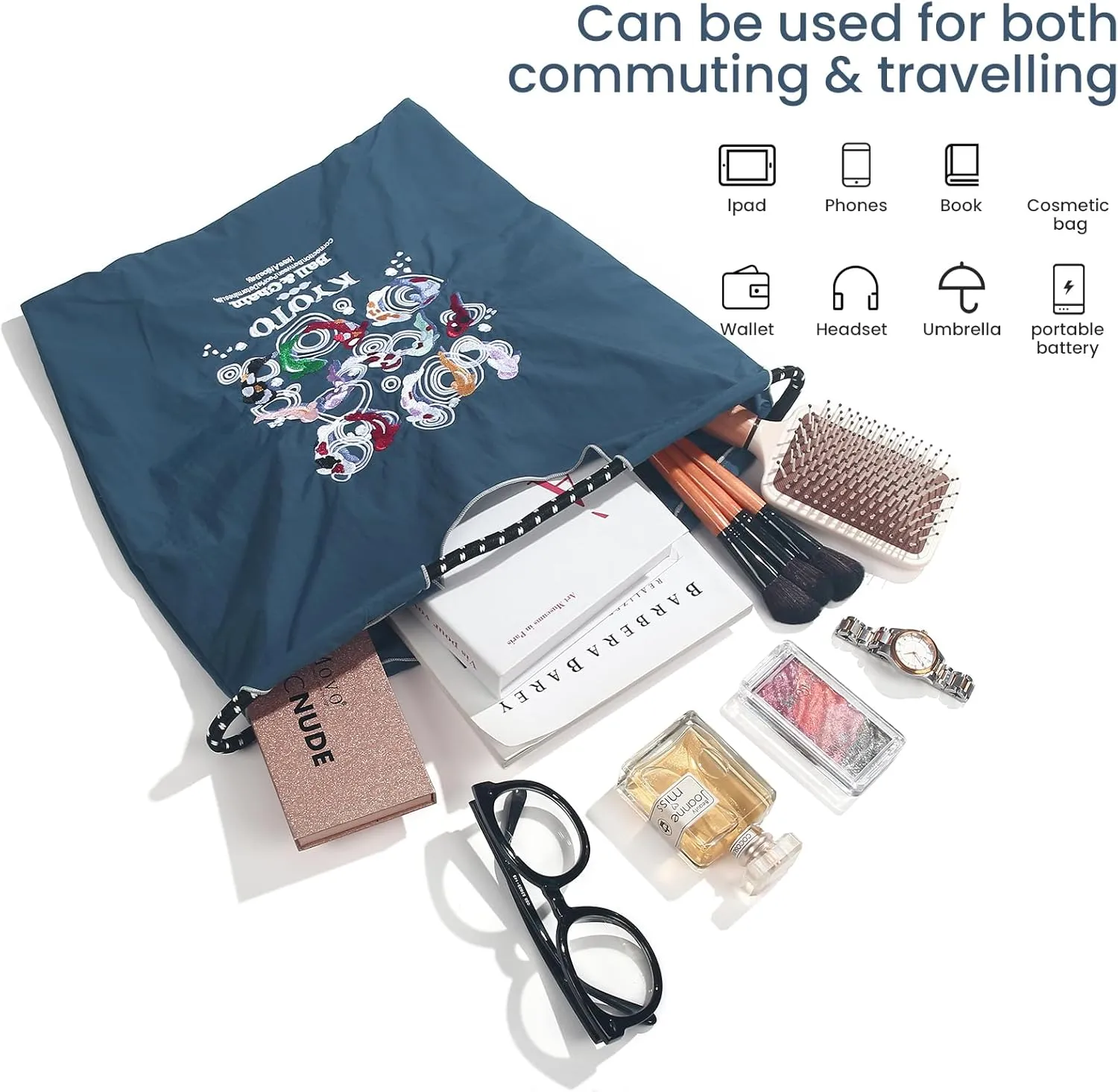 Ball&Chain Tote Bag With Embroidery Koi Fish，Personalized Present Bag Everything Tote Bag with Compartments