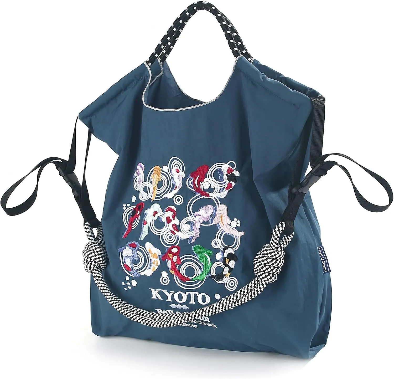Ball&Chain Tote Bag With Embroidery Koi Fish，Personalized Present Bag Everything Tote Bag with Compartments