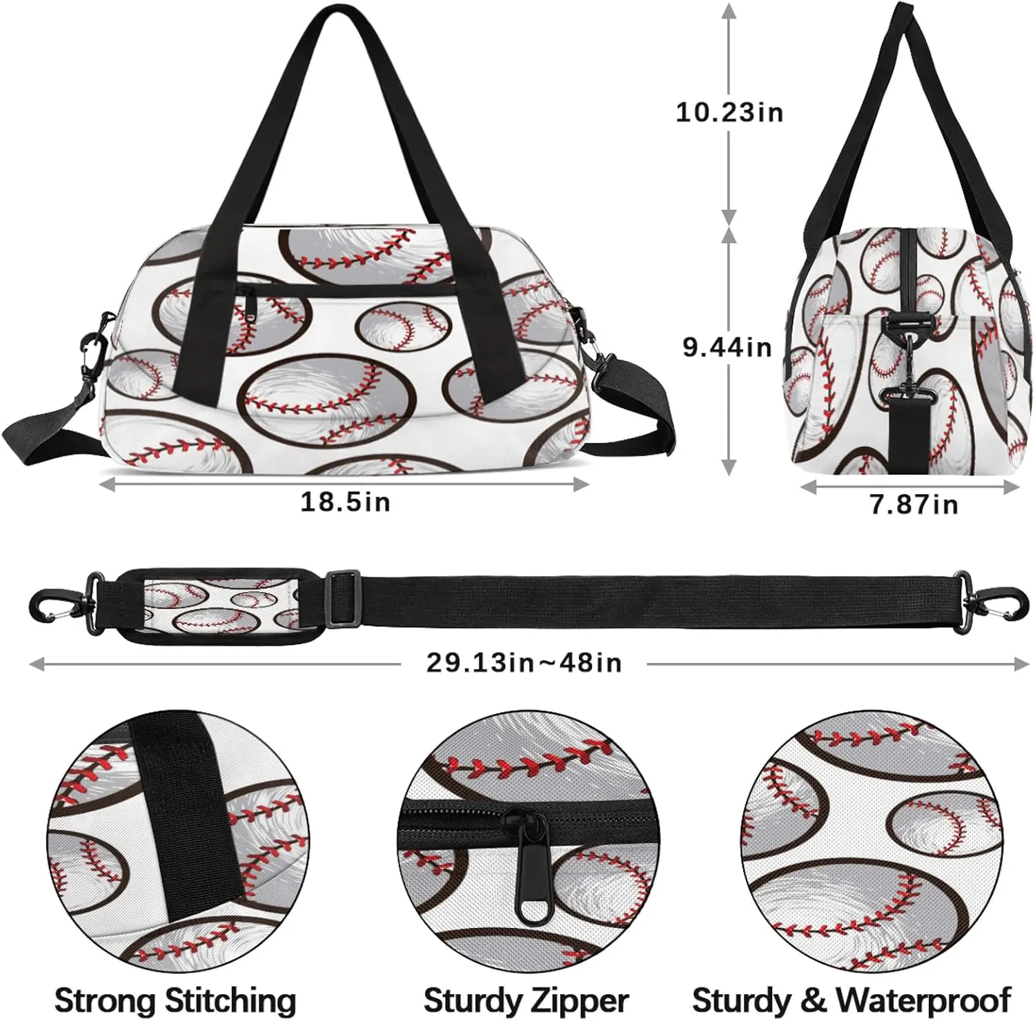 Baseball Pattern White Kids Duffel Bag Lightweight Waterproof Sports Gym Bag with Front Zipper Pocket Foldable Weekender Overnight Bag for School Practice Gymnastic Ballet