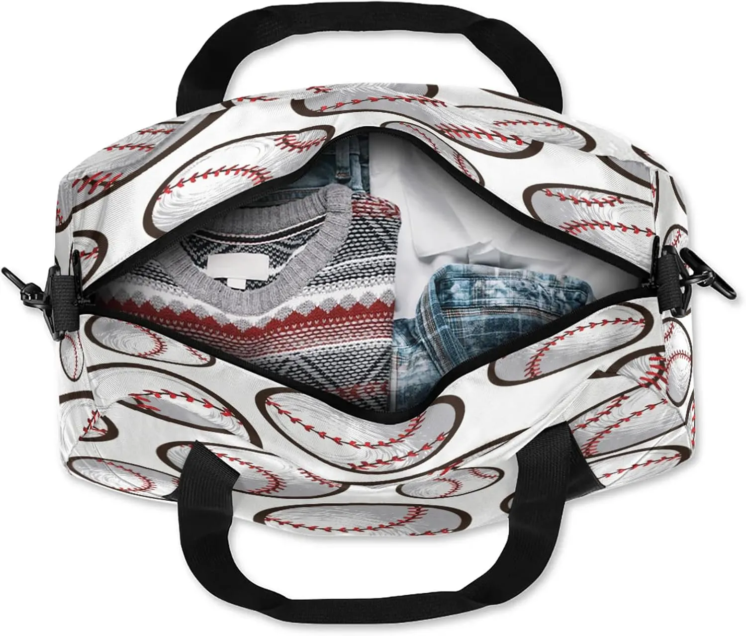 Baseball Pattern White Kids Duffel Bag Lightweight Waterproof Sports Gym Bag with Front Zipper Pocket Foldable Weekender Overnight Bag for School Practice Gymnastic Ballet