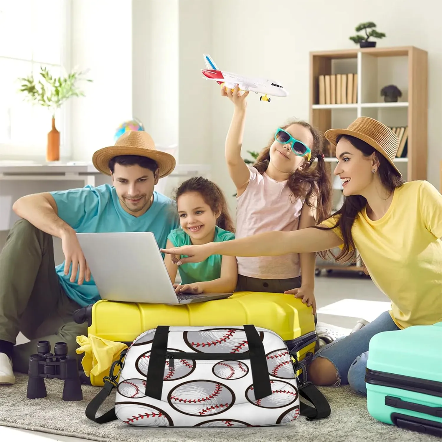 Baseball Pattern White Kids Duffel Bag Lightweight Waterproof Sports Gym Bag with Front Zipper Pocket Foldable Weekender Overnight Bag for School Practice Gymnastic Ballet
