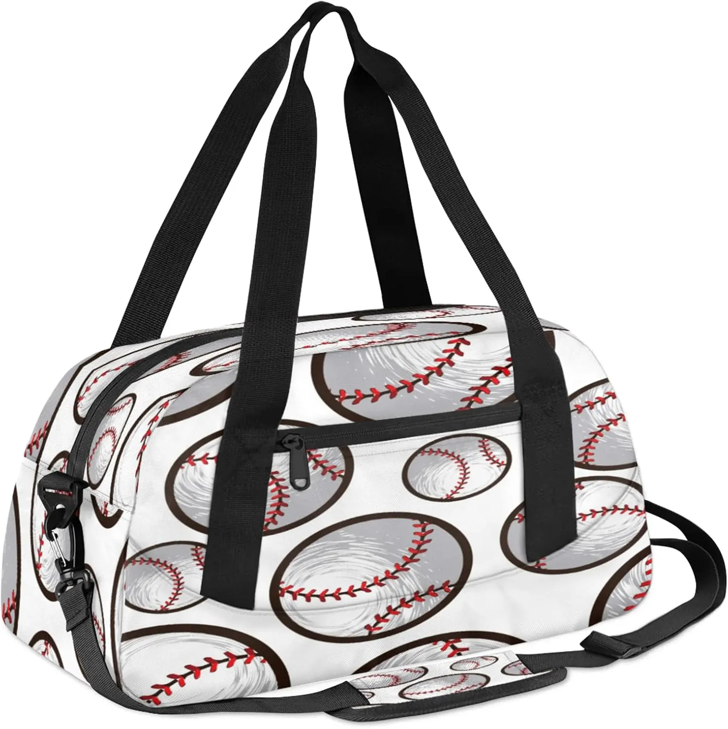 Baseball Pattern White Kids Duffel Bag Lightweight Waterproof Sports Gym Bag with Front Zipper Pocket Foldable Weekender Overnight Bag for School Practice Gymnastic Ballet