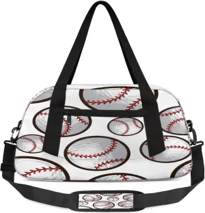 Baseball Pattern White Kids Duffel Bag Lightweight Waterproof Sports Gym Bag with Front Zipper Pocket Foldable Weekender Overnight Bag for School Practice Gymnastic Ballet