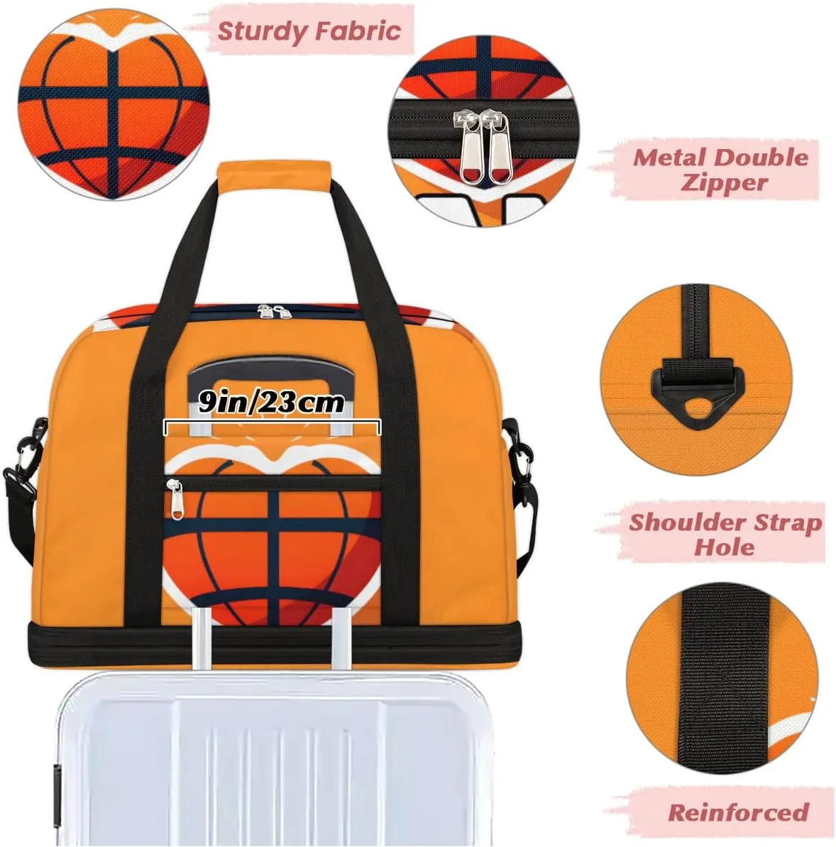 Basketball Love Heart Custom Foldable Duffle Bag with Shoes Compartment Personalized Large Capacity Waterproof Travel Weekender Bag Overnight Bag for Sports Gym