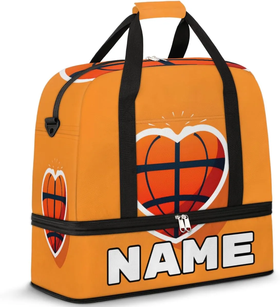 Basketball Love Heart Custom Foldable Duffle Bag with Shoes Compartment Personalized Large Capacity Waterproof Travel Weekender Bag Overnight Bag for Sports Gym