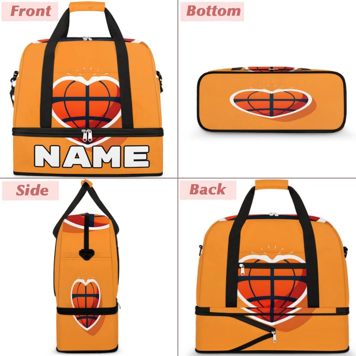 Basketball Love Heart Custom Foldable Duffle Bag with Shoes Compartment Personalized Large Capacity Waterproof Travel Weekender Bag Overnight Bag for Sports Gym