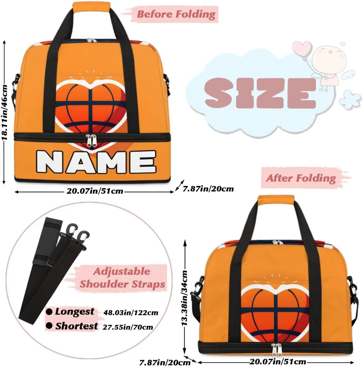 Basketball Love Heart Custom Foldable Duffle Bag with Shoes Compartment Personalized Large Capacity Waterproof Travel Weekender Bag Overnight Bag for Sports Gym