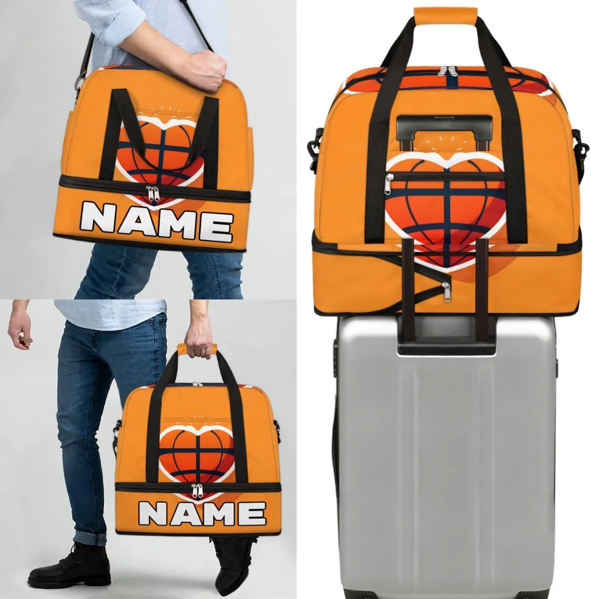 Basketball Love Heart Custom Foldable Duffle Bag with Shoes Compartment Personalized Large Capacity Waterproof Travel Weekender Bag Overnight Bag for Sports Gym