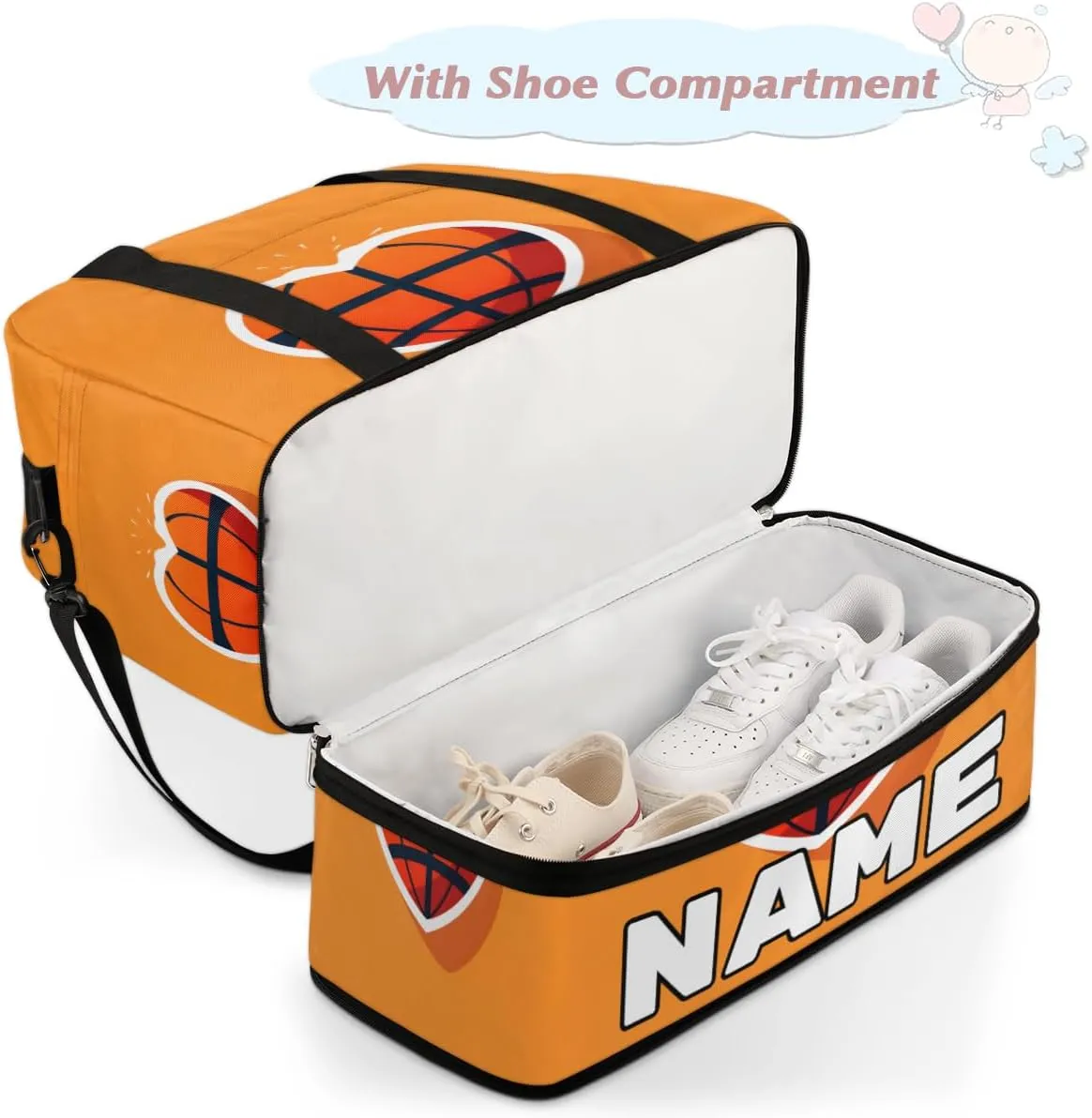 Basketball Love Heart Custom Foldable Duffle Bag with Shoes Compartment Personalized Large Capacity Waterproof Travel Weekender Bag Overnight Bag for Sports Gym
