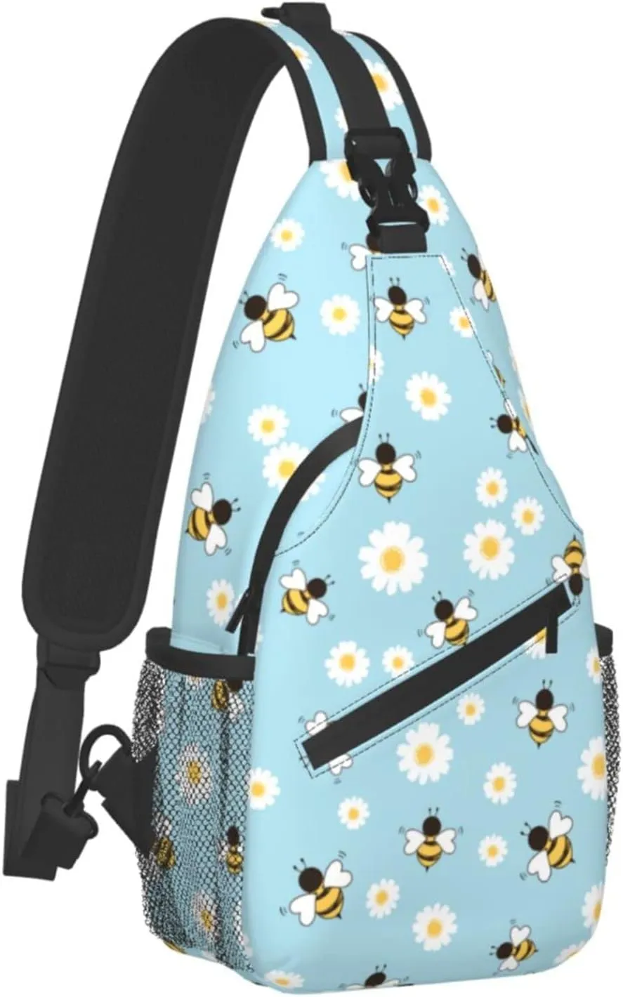 bassyil Bees Flower Sling Bag Crossbody Travel Hiking Chest Backpack Shoulder Daypack for Women Men One Size
