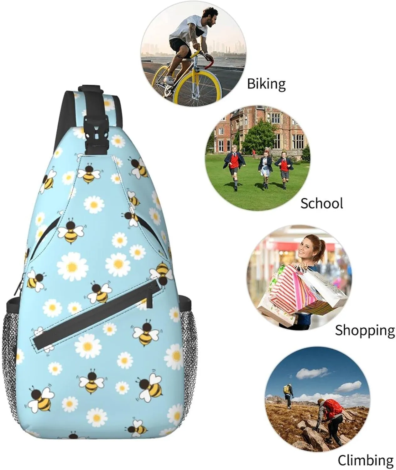 bassyil Bees Flower Sling Bag Crossbody Travel Hiking Chest Backpack Shoulder Daypack for Women Men One Size