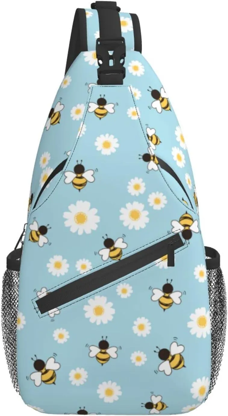 bassyil Bees Flower Sling Bag Crossbody Travel Hiking Chest Backpack Shoulder Daypack for Women Men One Size