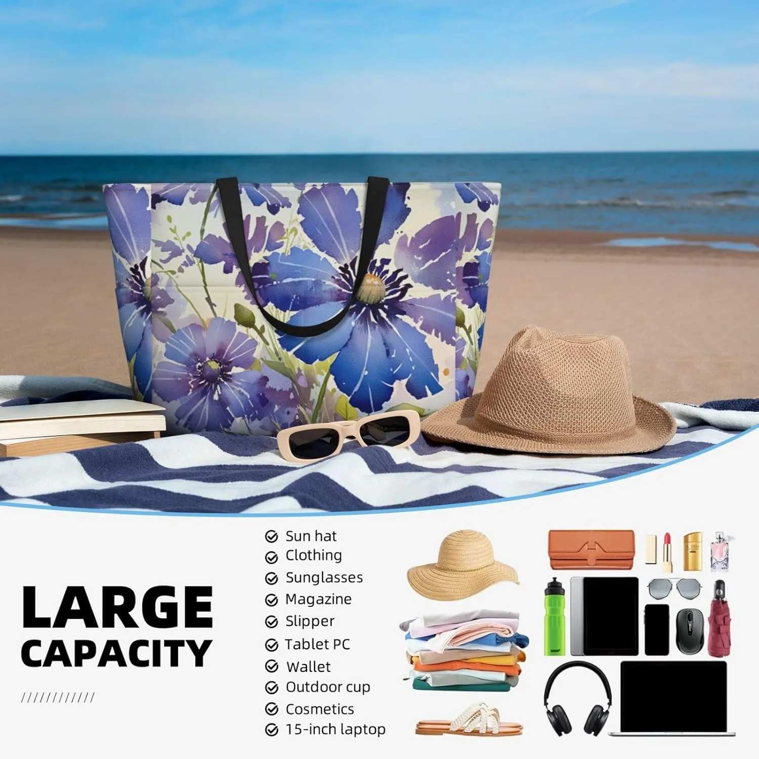 Beach Bags for Women Large Waterproof Sandproof Beach Tote Swim Pool Bag with Zipper for Travel Vacation
