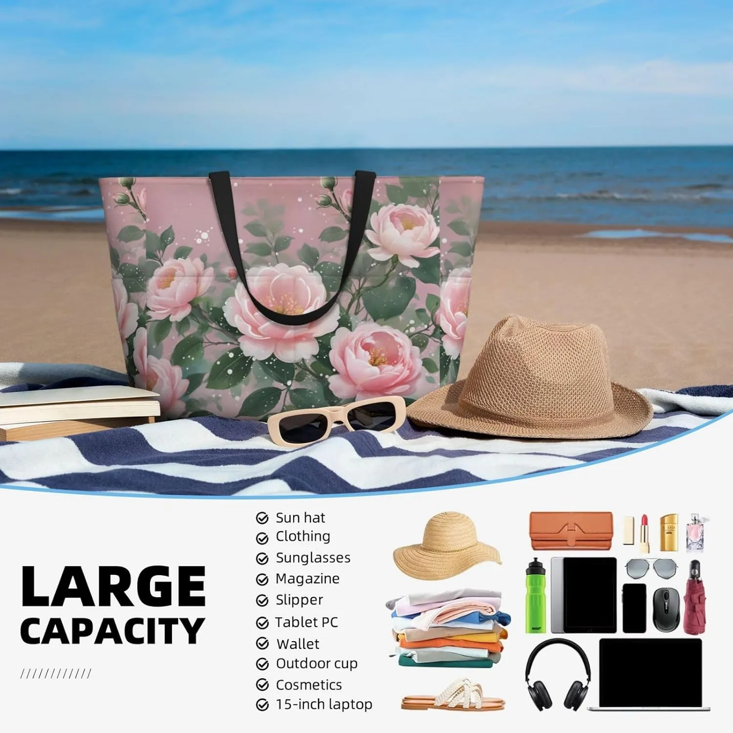 Beach Bags for Women Waterproof Sandproof Tote Bag, Large Beach Bag with Zipper for Gym Travel Vocation
