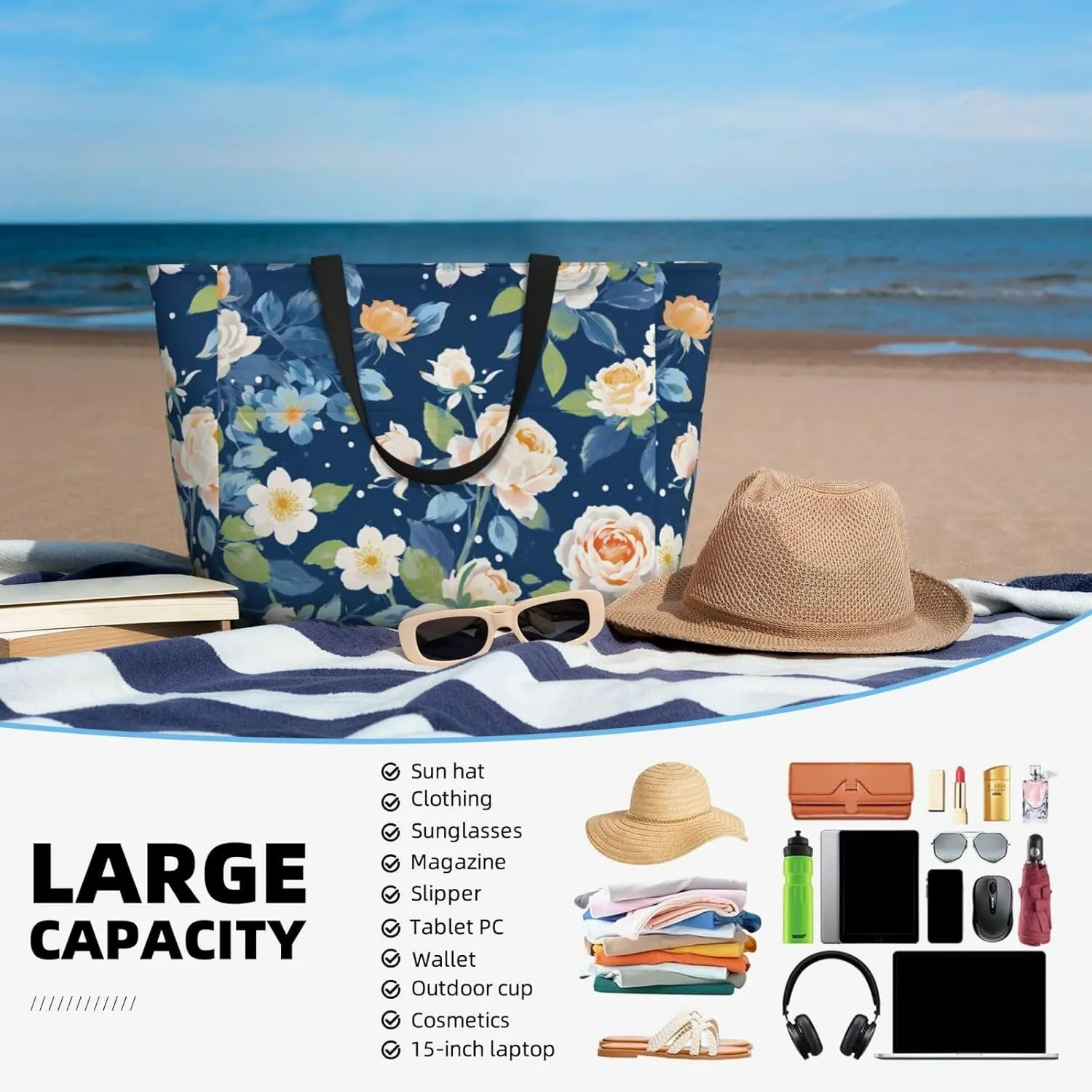 Beach Bags for Women Waterproof Sandproof Women Tote Bag, Large Beach Bag with Zipper for Gym Travel Vocation