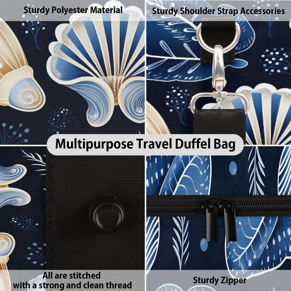 Beach Seashell Print Travel Duffel Bag for Women Men Waterproof Foldable Overnight Weekender Bag Large Capacity Sports Gym Bag