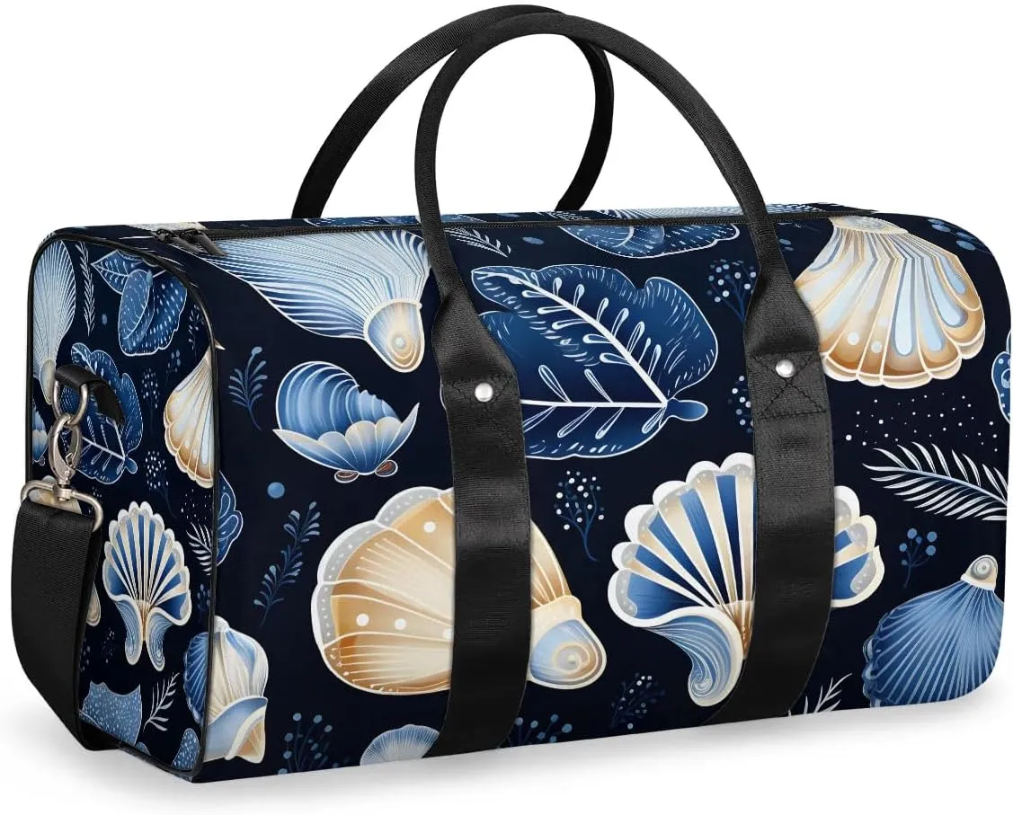 Beach Seashell Print Travel Duffel Bag for Women Men Waterproof Foldable Overnight Weekender Bag Large Capacity Sports Gym Bag