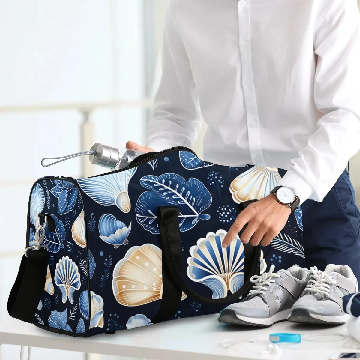 Beach Seashell Print Travel Duffel Bag for Women Men Waterproof Foldable Overnight Weekender Bag Large Capacity Sports Gym Bag