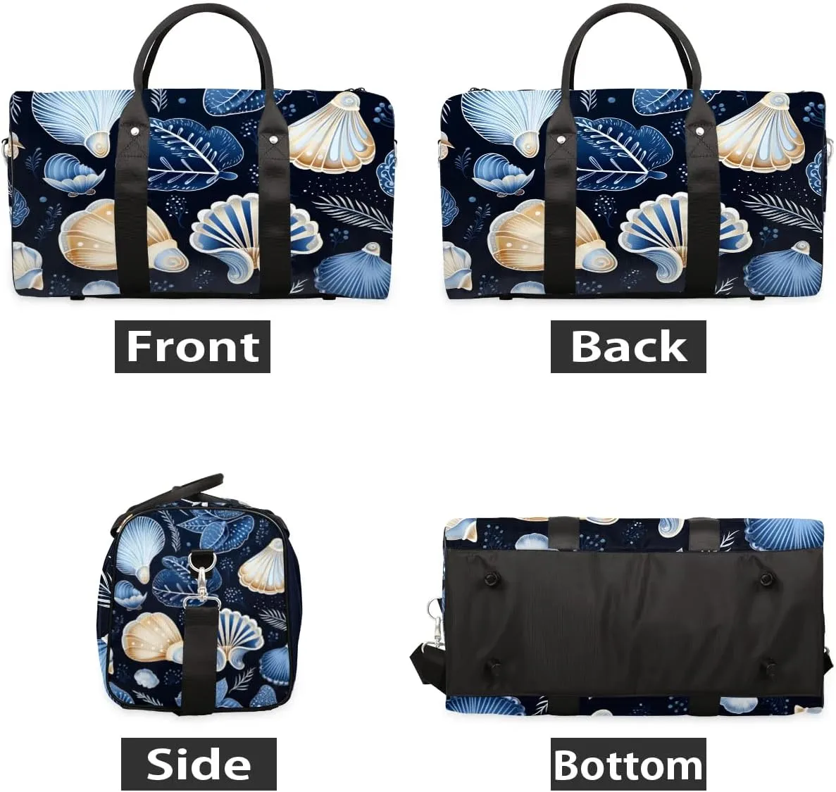 Beach Seashell Print Travel Duffel Bag for Women Men Waterproof Foldable Overnight Weekender Bag Large Capacity Sports Gym Bag