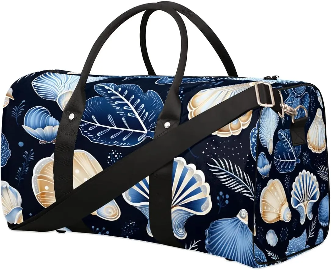 Beach Seashell Print Travel Duffel Bag for Women Men Waterproof Foldable Overnight Weekender Bag Large Capacity Sports Gym Bag