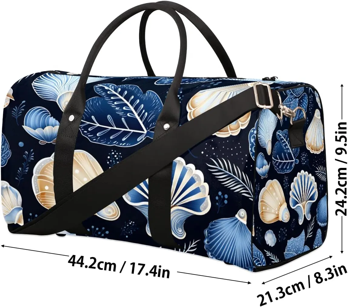 Beach Seashell Print Travel Duffel Bag for Women Men Waterproof Foldable Overnight Weekender Bag Large Capacity Sports Gym Bag