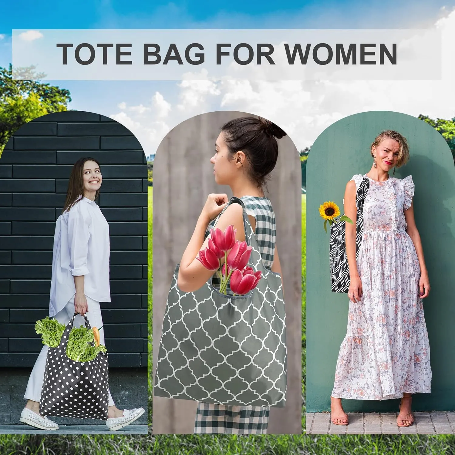BeeGreen Shopping Bags For Groceries Foldable Reusable Grocery Bags Heavy Duty 6 Pack Cute Holiday Gift Bags Large Bags For Women Cloth Bags With Handles Polyester Tote bag Bulk Gifts