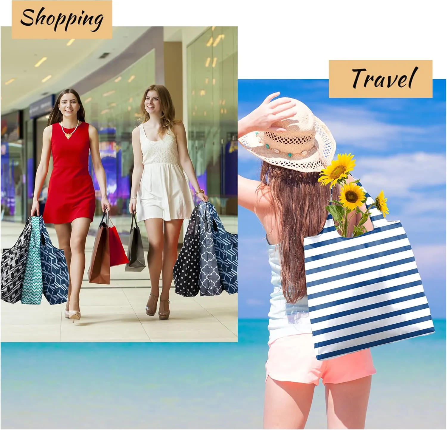 BeeGreen Shopping Bags For Groceries Foldable Reusable Grocery Bags Heavy Duty 6 Pack Cute Holiday Gift Bags Large Bags For Women Cloth Bags With Handles Polyester Tote bag Bulk Gifts